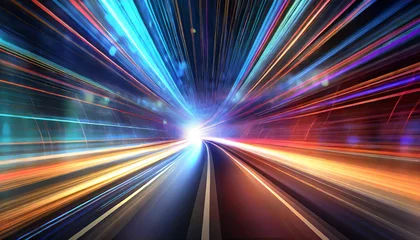 Foto op Plexiglas abstract speed motion in urban highway road tunnel blurred motion toward the light computer generated colorful illustration light trails fiber optics technology background © Richard