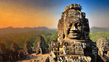 smiling face ancient of bayon in angkor thom cambodia - Powered by Adobe