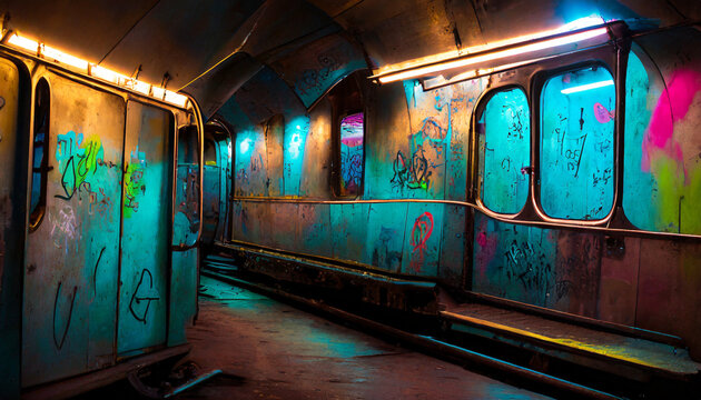 graffiti art on a subway train metallic surfaces rust and wear neon graffiti dimly lit