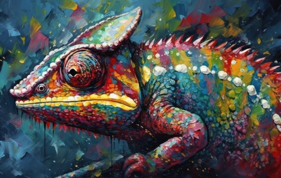 Colorful chameleon painting on canvas. Digital art painting. Wildlife Concept. Background with Copy Space.