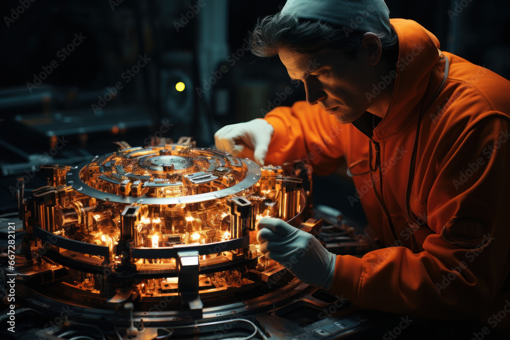Poster a worker assembling components for a small modular reactor, demonstrating the versatility of atomic 