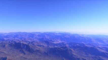 Mars like red planet, with arid landscape, rocky hills and mountains, for space exploration and science fiction backgrounds.
