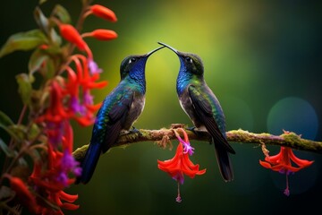Blue hummingbird and red flower in Yanacocha, Ecuador. Two birds sipping nectar in jungle forest. Generative AI - obrazy, fototapety, plakaty
