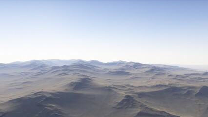 Mars like red planet, with arid landscape, rocky hills and mountains, for space exploration and science fiction backgrounds.
