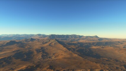 Mars like red planet, with arid landscape, rocky hills and mountains, for space exploration and science fiction backgrounds.
