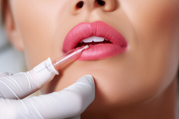 Naklejka premium Beautiful young woman getting botox injection in her face. Cosmetology