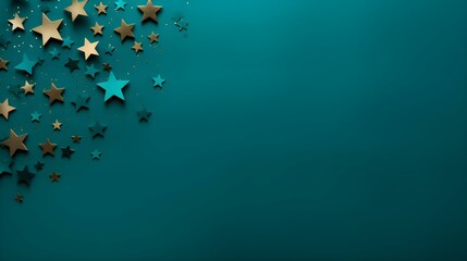 Background of shiny turquoise Stars with Copy Space. Festive Template for Holidays and Celebrations