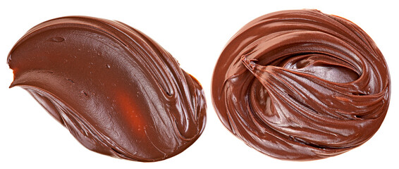 Hazelnut cream swirls isolated on a white background, top view. Cream chocolate spreading.