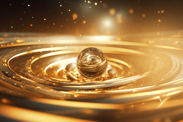 3d render of golden balls in water with ripples and waves