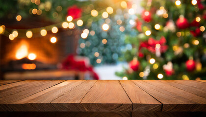 empty wooden table with christmas theme in background