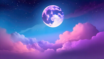 Naklejka na ściany i meble purple and blue gradient night mystical moonlight moon with fluffy magical clouds phone hd background wallpaper ai generated
