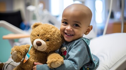 healthcare child and cancer patient portrait holding teddy bear - obrazy, fototapety, plakaty