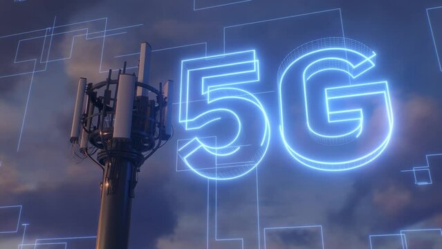 Animation showcasing a 5G tower with visualized network lines, emphasizing the revolution in speed and connectivity in modern telecommunication