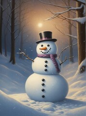 Schneemann im Winter Schnee Weihnachtsdekoration / Weihnachtsgeschenk Advent mit Hut und Karotte im Wald