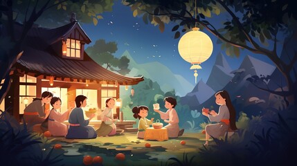 illustration of a rural setting during the Mid Autumn Festival. Show a family sitting outside their traditional house, sharing moon cakes and stories under a tree