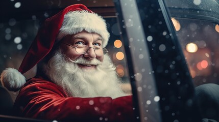 Portrait of Santa Claus driving a car. Christmas and New Year concept. - obrazy, fototapety, plakaty