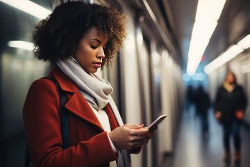 Young African American woman engrossed in smartphone scrolls through messages completely immersed in digital realm unaware of bustling commuters around in metro. Woman captivated by messages on screen - obrazy, fototapety, plakaty