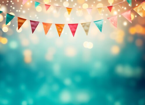 background colorful triangular flags of decorated celebrate happy birthday  party,  bunting flags garland , vintage tones, copy space for text, birthday card banner