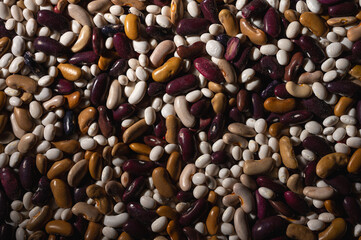 Legumes (beans). Background of many grains of dried beans. brown beans texture. Food background. close Background of beans and textured. Background of colored beans