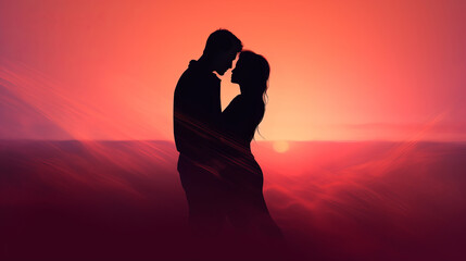 Loving couple silhouette kissing amidst romantic pink red haze evoking sense of profound affection...