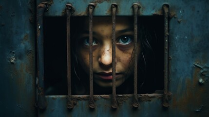 Little girl confined behind bars with dirty scratched face gazes with hope, evoking heart wrenching concept of child kidnapping, safeguarding children from abduction and harm