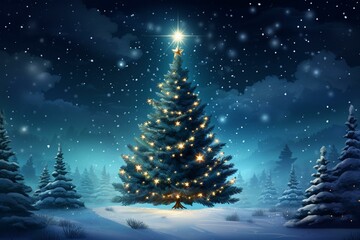 Fototapeta na wymiar Nighttime Christmas tree illustration with wallpaper background. Generative AI