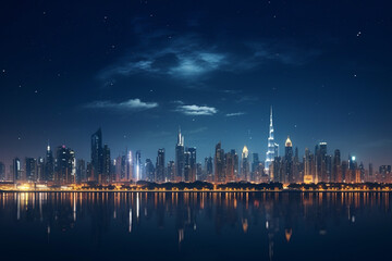 Fototapeta na wymiar Night cityscape with big moon and reflection in water. Vector illustration.