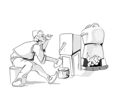 man drinking from bottle, monochrome scene