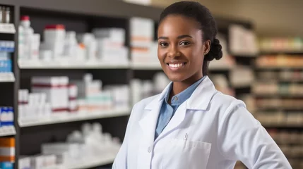 Poster afro american female pharmacist standing looking at camera © Pelayo