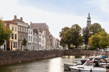 Historic canal houses in the center of the historic city of Middelburg in the province of Zeeland.