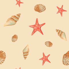 Watercolor under the sea hand drawn seamless pattern with red starfish and seashells on beige background. For fabric, textiles, baby clothes, wallpaper, marine beach design.