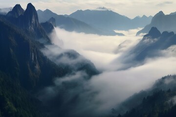 Majestic misty mountain peak towering above clouds with breathtaking view of valley below. Generative AI