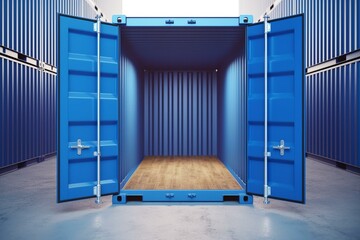open container, blue cargo container, open doors, front view. Generative AI