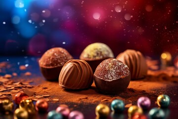 Delicious chocolate truffles on a colorful background. Perfect for sweet food advertising. Generative AI