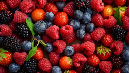 Colorful mix of fresh berries in bowls. Raspberries, blueberries, blackberries, raspberries.