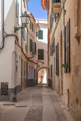 Narrow street in the historic part of the city of Ciutadella on the Spanish island of Menorca.