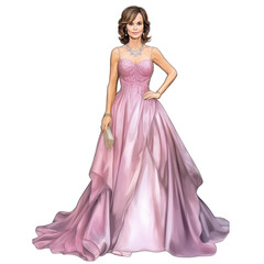 Beautiful middle aged brunette woman wearing an elaborate, fancy ballgown, isolated on transparent background