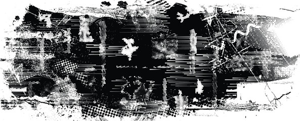 Fototapeta premium Glitch distressed grange shape . Noise grungy logo . Shape textured with fast lines.Grunge , distress effect .Vector shapes with a halftone dots, and speed lines. screen print texture.