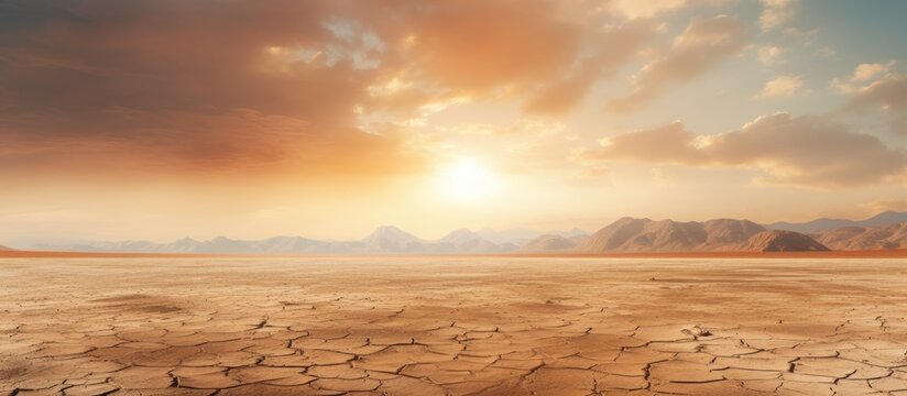 Barren cracked land with barely visible sun in a dust storm representing drought and desertification
