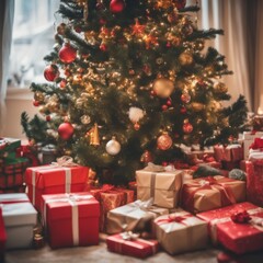 Presents and Wrapped Gifts boxes under Christmas Tree, Winter Holiday Concept
