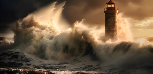 lighthouse getting hit by strong waves in a storm in the ocean - obrazy, fototapety, plakaty