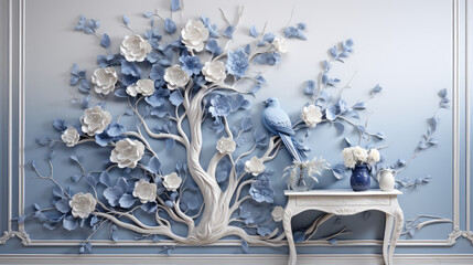 Niebieski ptak siedzący na gałęzi z niebieskimi kwiatami.  - obrazy, fototapety, plakaty