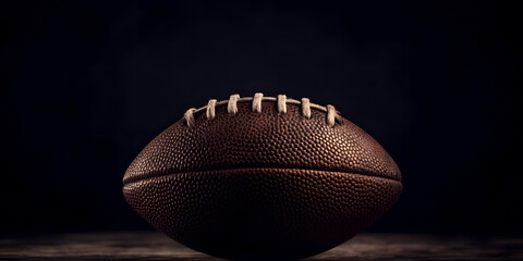 Close up photo of laced leather ball for playing American football or rugby on black background