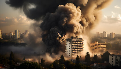 buildings burning in a big explosion fire in a city