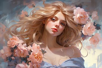 Piękna dziewczyna z blond włosami trzymająca kwiaty.  - obrazy, fototapety, plakaty