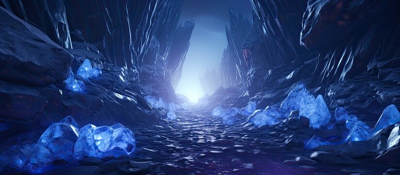 Blue crystal mineral walkway on an alien planet illustrated in Artificial Intelligence for a futuristic sci fi setting