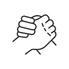 Friendly handshake, linear icon, helping arm of a friend, teamwork. Line with editable stroke - obrazy, fototapety, plakaty