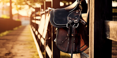 Leather saddle for horse team hangs on wooden fence at ranch or racetrack on sunny day outdoor - obrazy, fototapety, plakaty