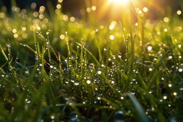  Fresh grass with dew drops close-up. Nature background.
