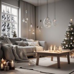 A cozy, luxurious, and modern living room interior with gift boxes under a decorated Christmas tree